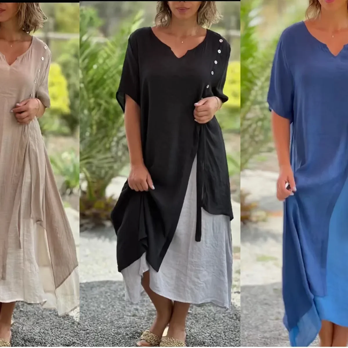 Women Summer Comfortable and Casual Stylish V-neck Short Sleeve Fake Two Asymmetrical Dresses 2024 Summer Long Dresses vestido