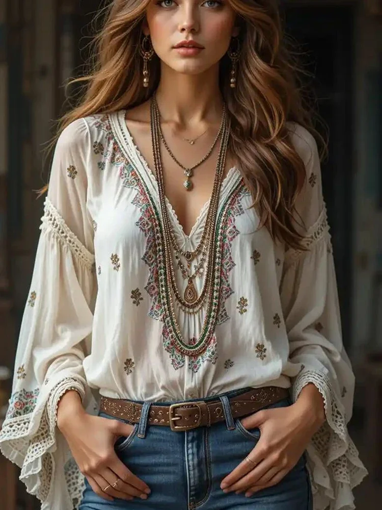 

Womens Ethnic Retro Blouse Boho Chic Sexy V Neck Chiffon Lace Top Flare Sleeve Floral Print Hollow Out Casual Tops