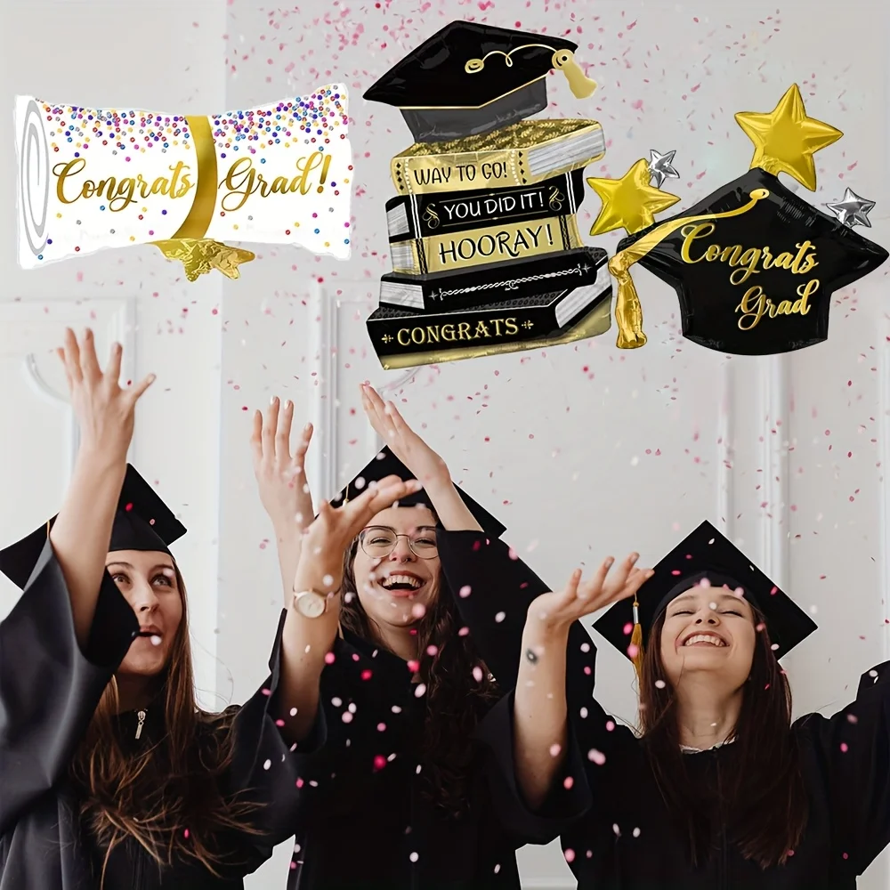 Lot de 3 ballons en aluminium pour la remise des diplômes, 1 certificat de remise des diplômes doré, 1 livre de remise des diplômes, 1 étoile du lendemain, 3 hiboux de remise des diplômes, 3 globes de remise des diplômes, adaptés aux bals de remise des diplômes, aux fêtes de remise des diplômes, à la saison des remise des diplômes, à la rentrée scolaire et à la décoration d'ambiance des événements célébratifs.