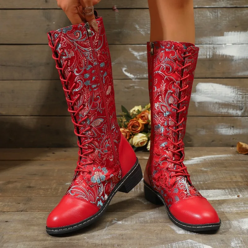 2026 Retro Embroidered Splice Round Toe Women's Mid Calf Boots Fashion Solid Color Side Zipper Comfort Mid Heel Women Long Boots