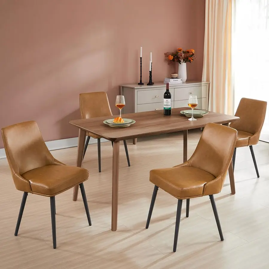 

Набор из 4 мягких обеденных стульев с толстой подушкой сиденья и изогнутой спинкой, обеденный стул середины века из синтетической кожи для кухни