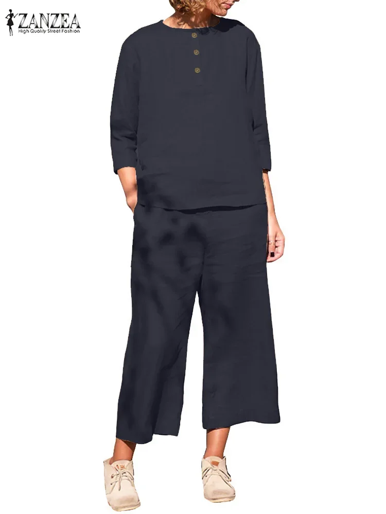 2025 ZANZEA الخريف بانت مجموعات النساء قطعتين مجموعات عادية كم طويل بلوزة واسعة الساق بنطلون دعوى الصلبة وتتسابق فضفاض رياضية