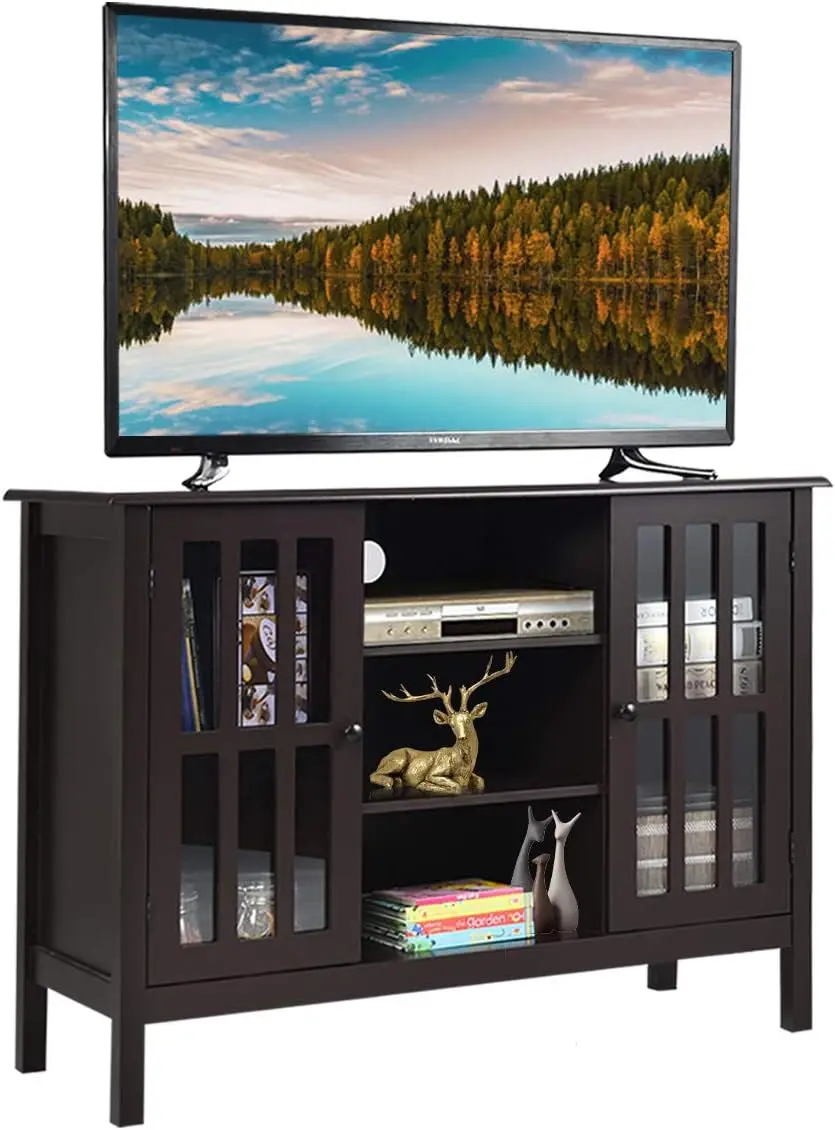 

Tv Stand, Modern Tall Entertainment Center For Tvs Up To 50"", Media Console W/2 Storage Cabinets & 3 Open Shelves, Wire Hole,