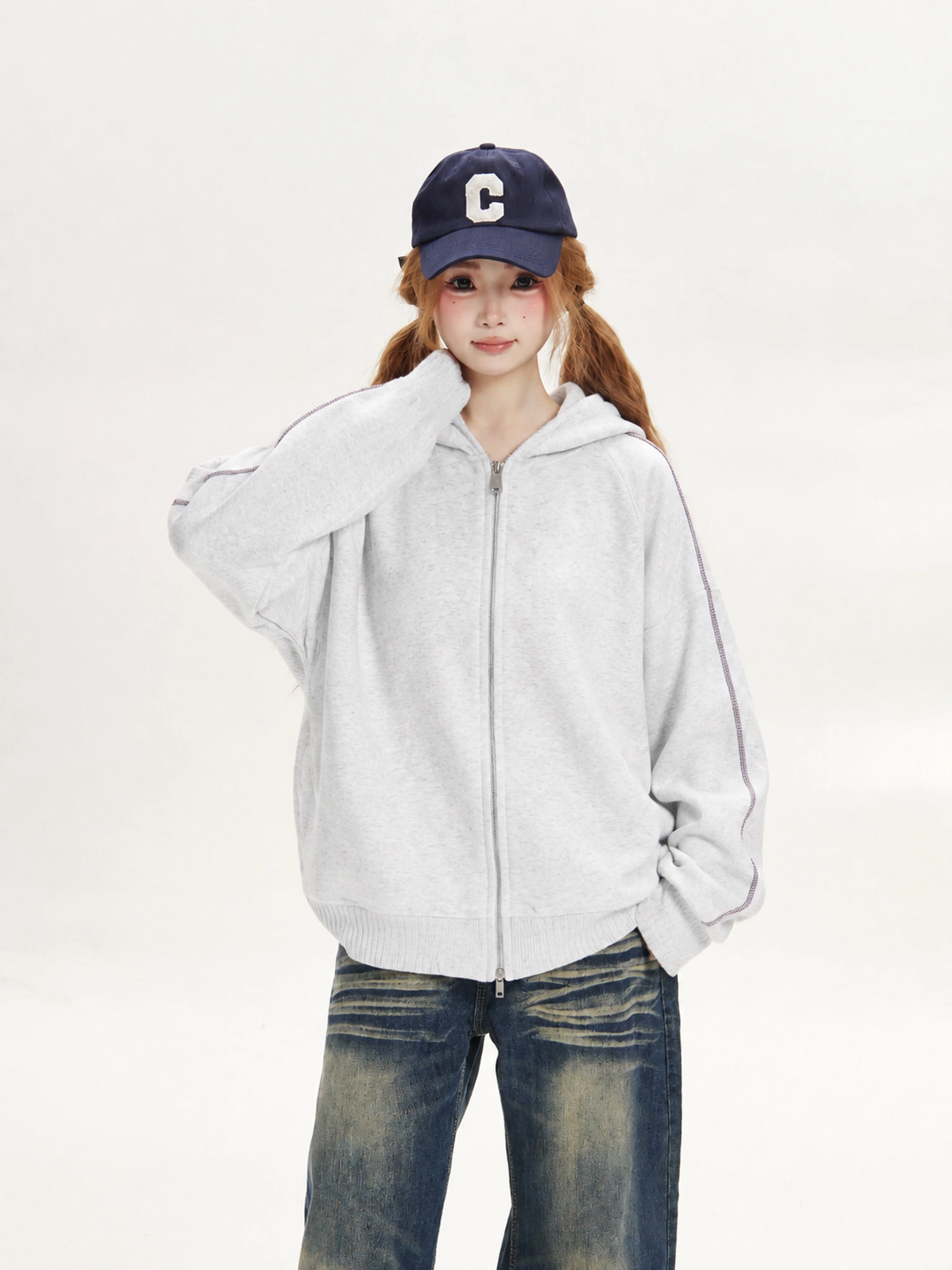 Graduate Style Loose Women's Black Dopaamine Outerwear Spring Autumn Beautiful Cardigan Hooded Zipper Closure Casual Fashion