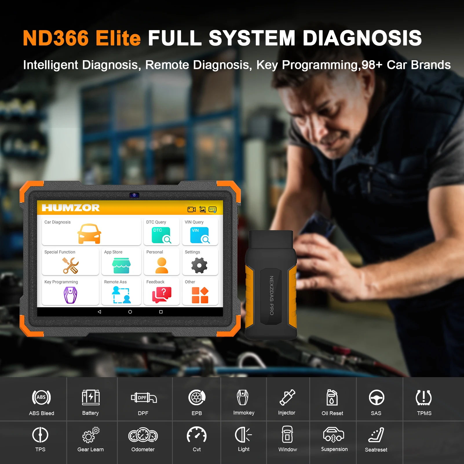 Humzor Scanner ND366E OBD2 Car Diagnostic Scanner Equipped with 17+ Special Functions All System Diagnosis Key Programming