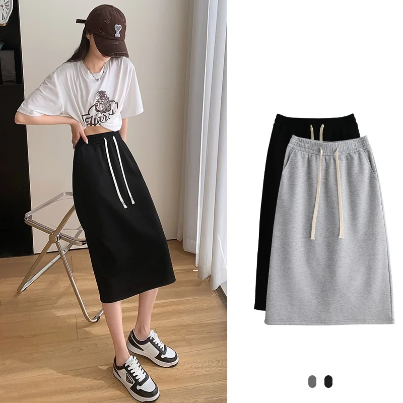 Elastic Waist Lace up Sports Skirts For Woman Spring Summer Loose Casual Buttocks A-line Long Skirt With Pockets Slimming Skirt