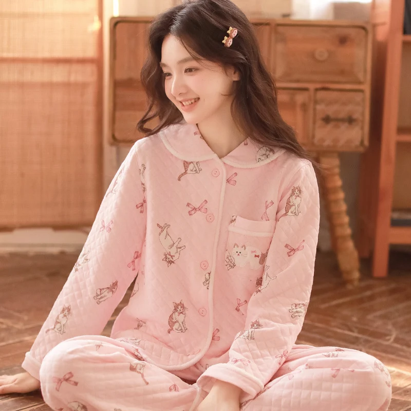 

Autumn and winter sleepwear, women's long sleeved home clothes, pure cotton, air cotton, warm insulation, cotton clip, cute set