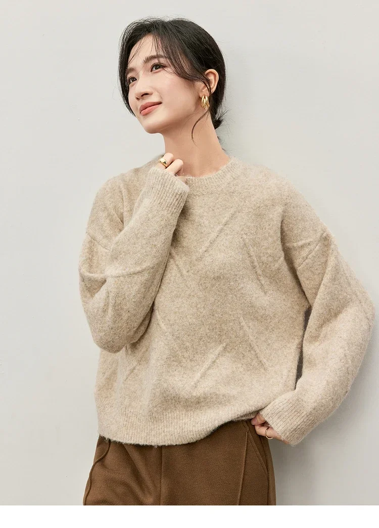 SENTUBILA Wool Loose Fit Knit Pullover Women 2024 Fall Winter Casual Solid Crew Neck Long Sleeve Comfort Knitwear W44E57276