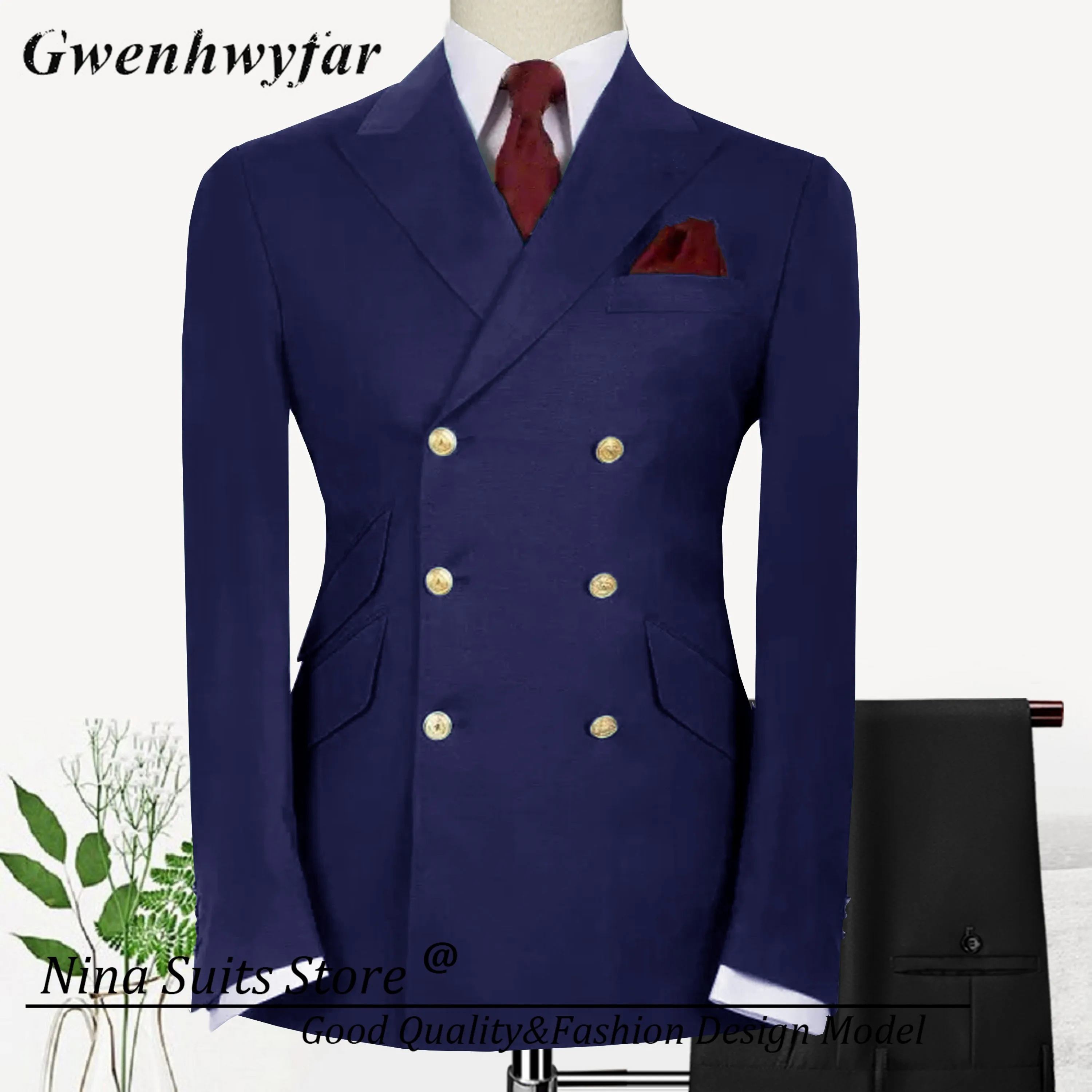 Nina Store Men Suits Navy Blue Black Double Breasted Male Costume Blazer Pants 2025 Italian Design Slant Pockets Business Suits