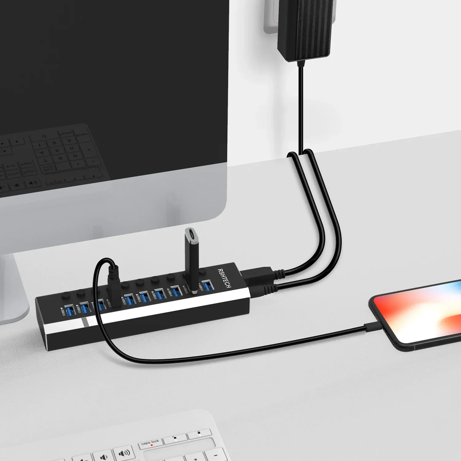 Imagem -06 - Rshtech Usb Hub 10 Portas 5gbps Usb 3.0 Hubs de Dados com 36w 12v 3a Adaptador de Alimentação Interruptores Liga Desliga Individuais Portátil Usb Divisor