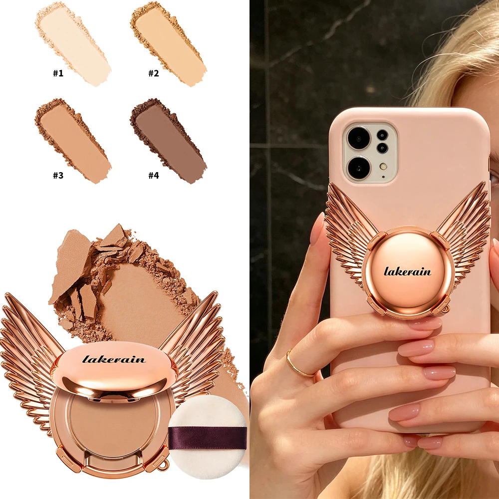 4 Shades Angel Wings Shimmer Phone Finger Holder Built-in Pressed Powder Mirror & Puff Matte Oil Control Setting Powder Makeup