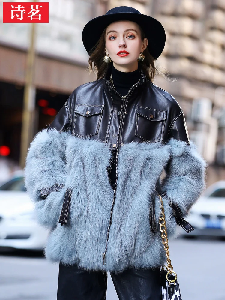 

2023 Winter New Fashion Casual Blue Fur Grass Women's Sheepskin Genuine Leather Coat Down Coat