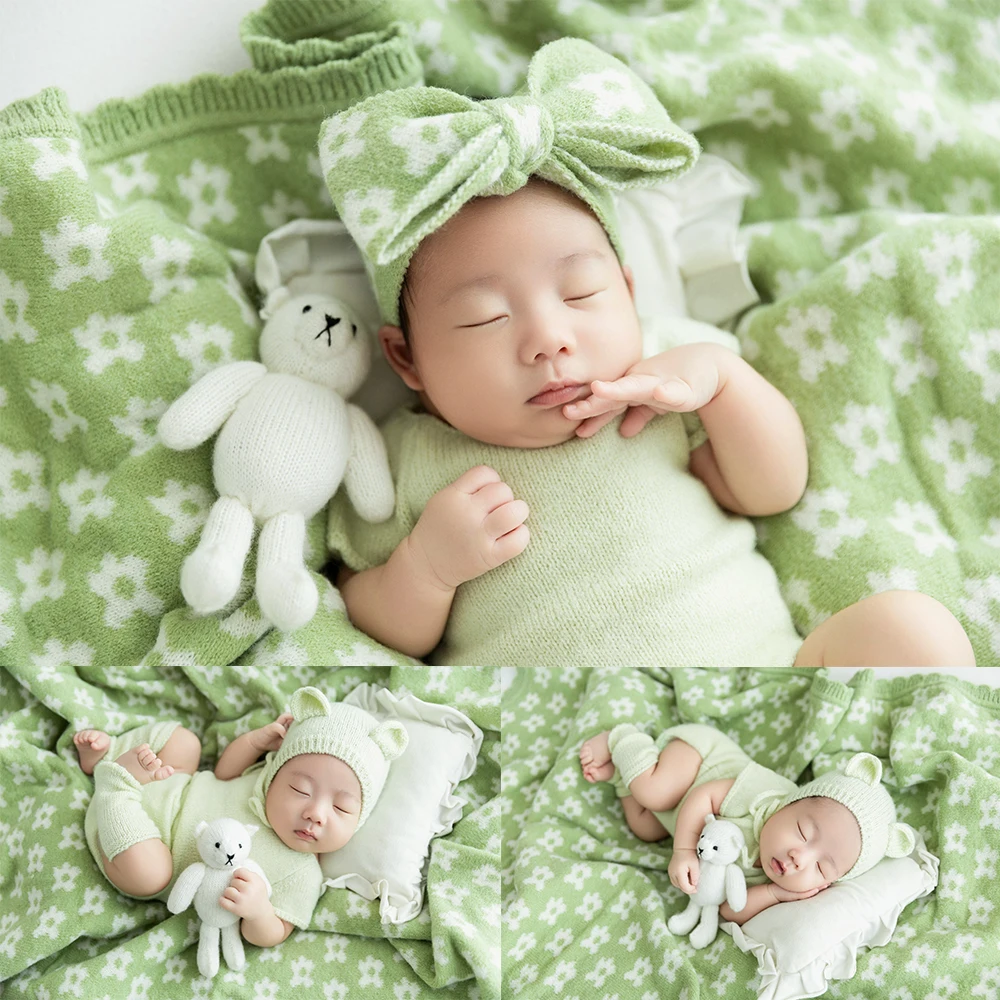 Cute Newborn Photography Props Green Knitted Baby Jumpsuit+hat+leg Socks Kit Bow Headband Teddy Bear Doll for Studio Shoot Props