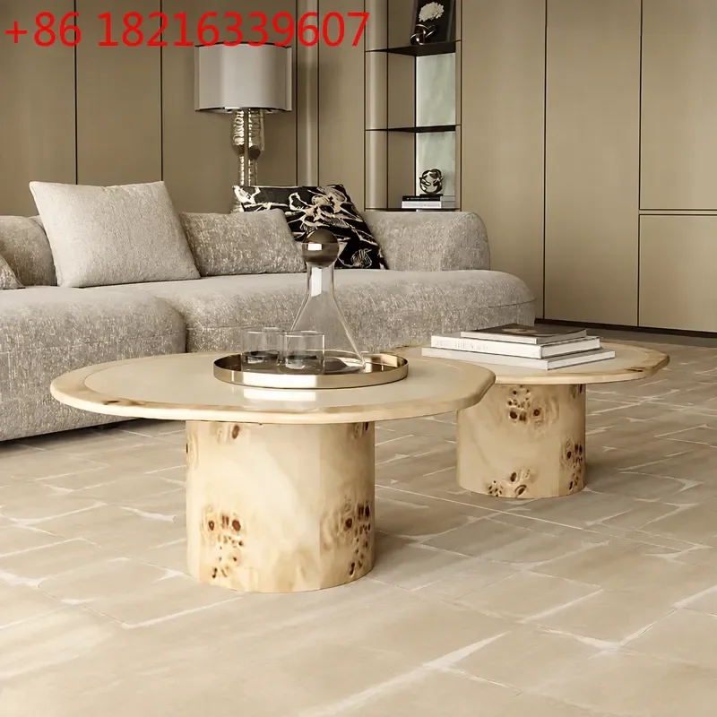 YAO Creative Solid Wood Tree Root Coffee Table Set with Cloud Marble Top for Living Room Light Luxury Home Furniture