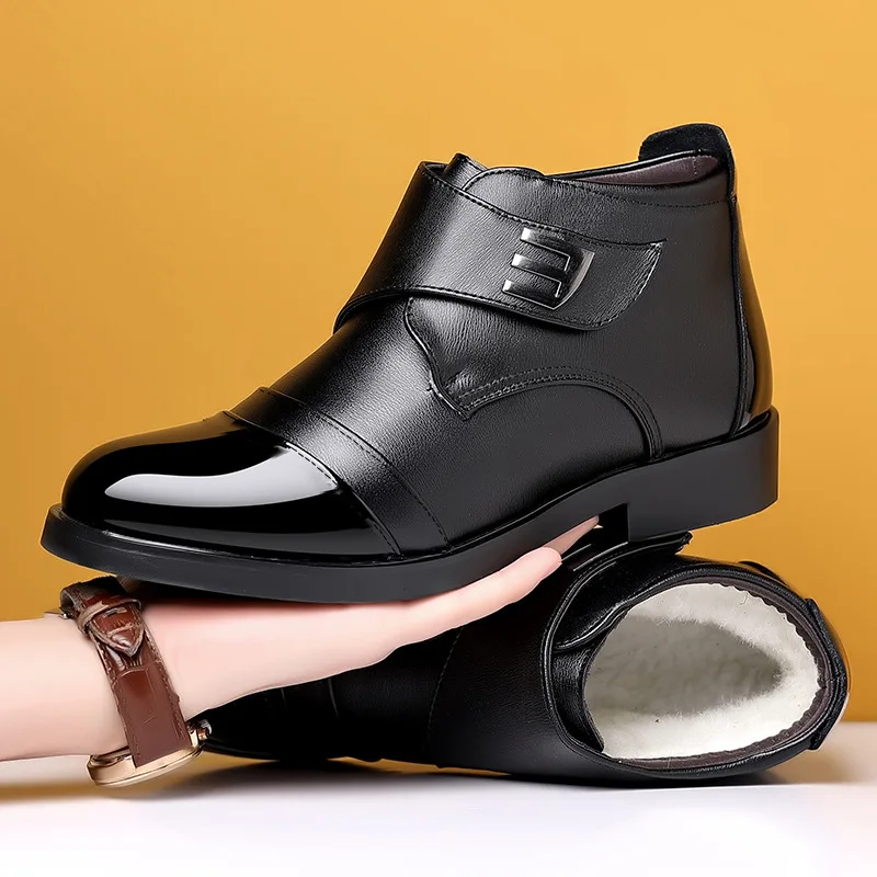 Men's winter cotton shoes, high-top shoes with fleece, warm and comfortable business casual leather shoes