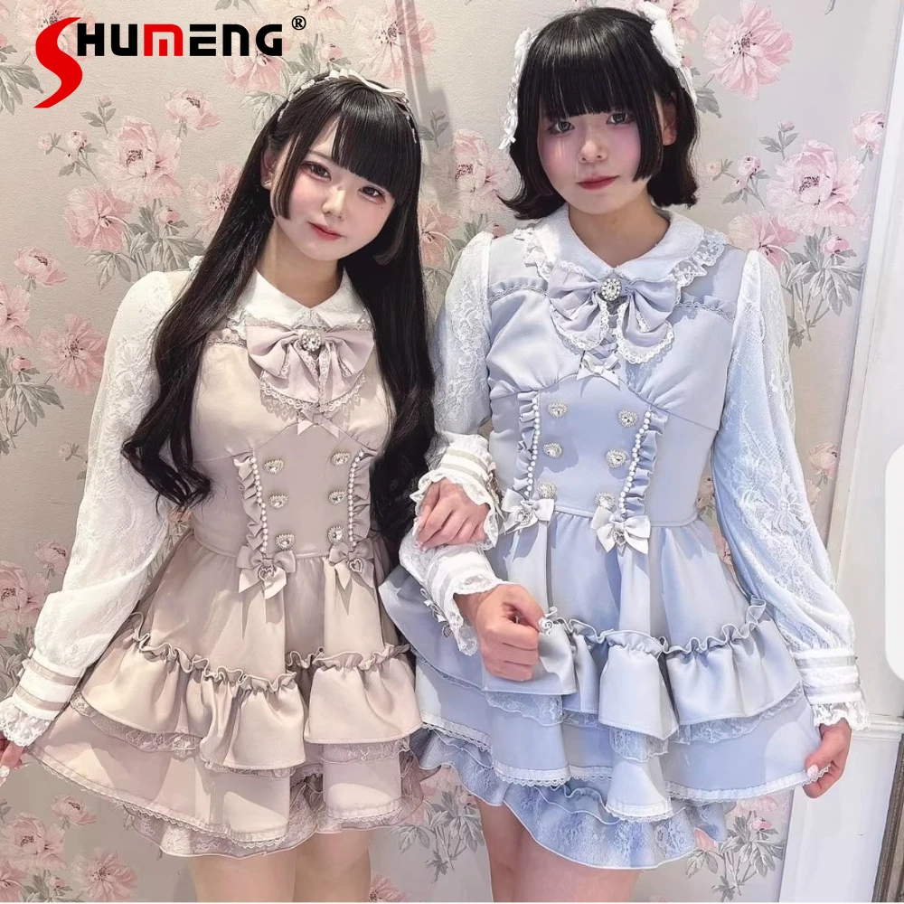 

Японский милый комплект LIZ: платье с кружевным воротником-стойкой и бантом, длинными рукавами и эластичные шорты с высокой талией, комплект из двух предметов для женщин