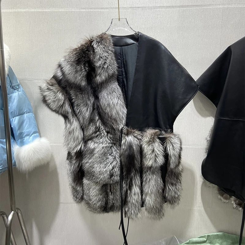 2025 Luxus Frauen Winter Weibliche Natürliche Silber Fuchs Pelz Außerhalb Echtem Schaffell Leder Oversize Lose Freizeit Jacke Mantel