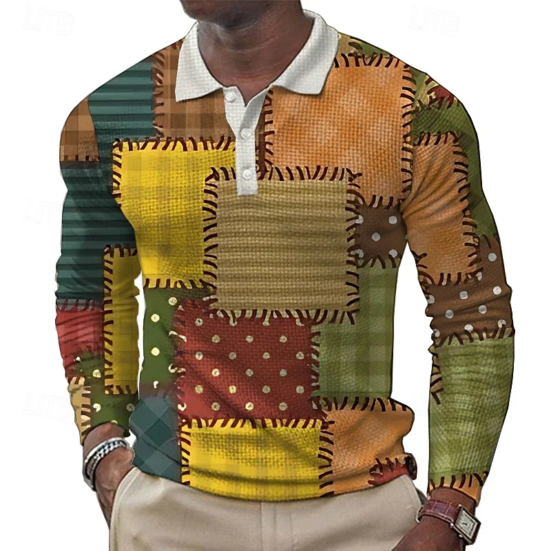 

atchwork Denim Vintage Polo Long Sleeve Patchwork Grid Graphic T Shirts 3D Printing Long Sleeve Tee Oversized Man Clothing Top