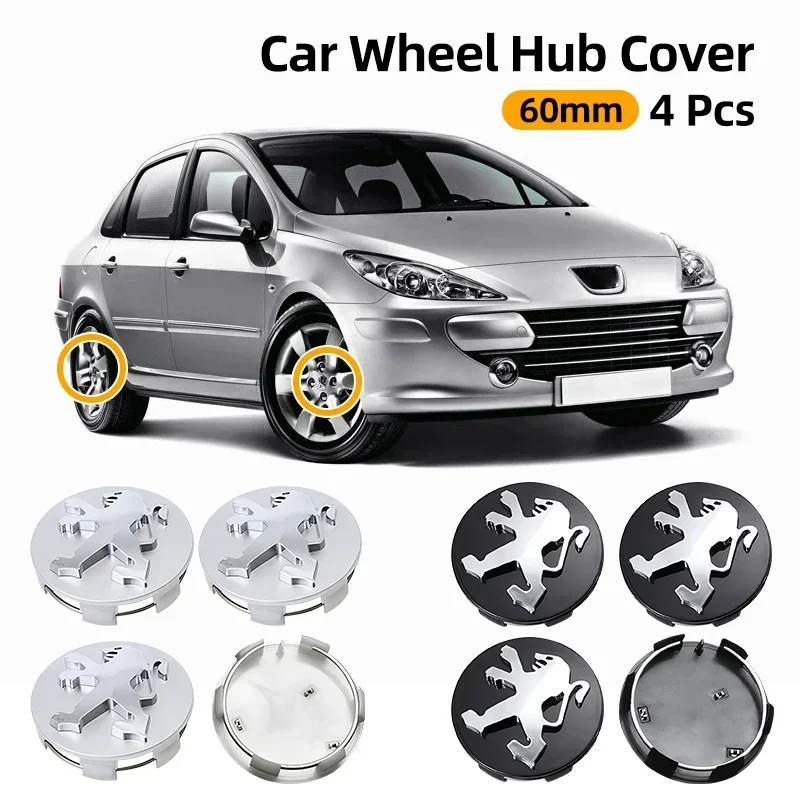 4pcs 60mm Wheel Center Cap Logo Hub Cover Badge Emblem For Peugeot 2008 3008 307 308 206 207 208 407 508 5008 106 107 205 4008