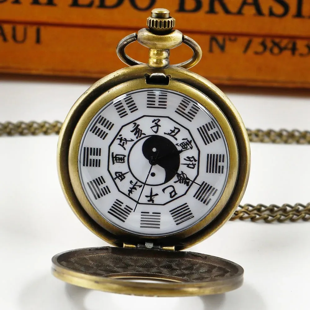 Chinese Characteristic Yin Yang Tai Chi Quartz Pocket Watch Vintage Necklace Pendant Clock Men's Women's Best Holiday Gifts