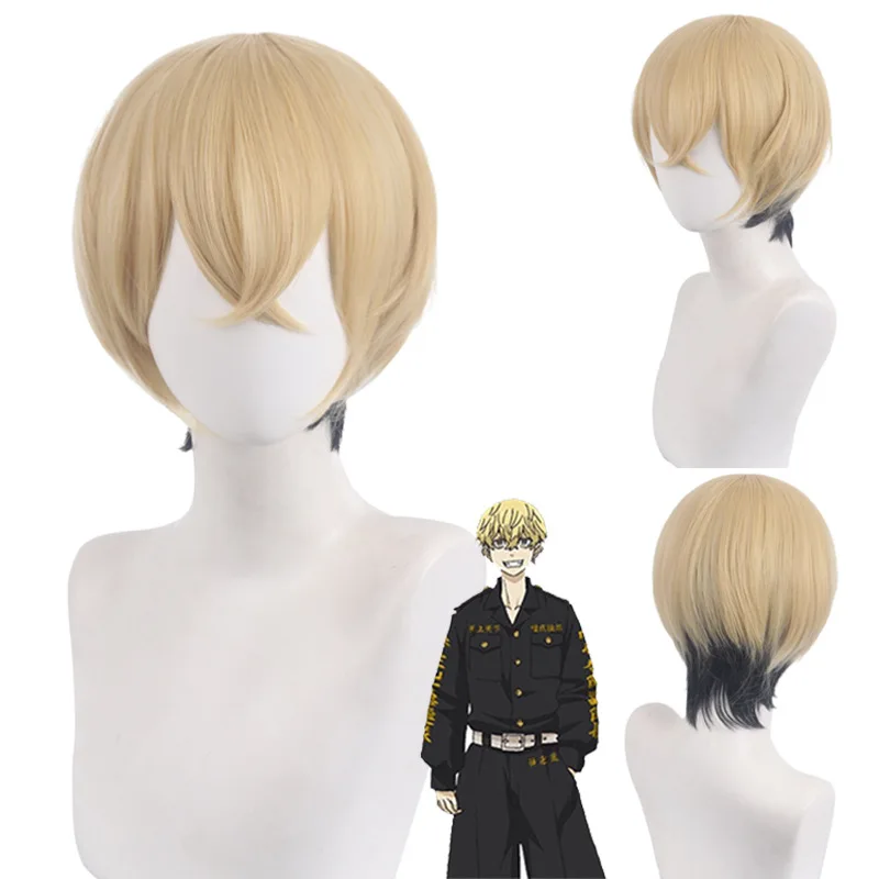 Synthetische cosplay pruik kort blond zwart haar hittebestendig kostuumfeest Halloween rollenspel anime stijl unisex gelaagd