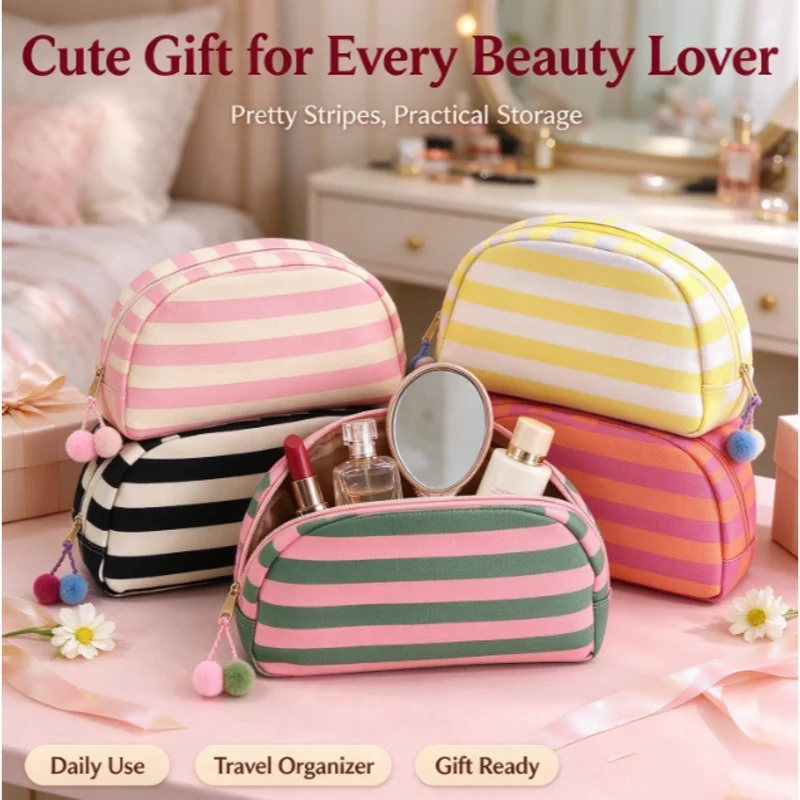 Dopamine Striped Shell Makeup Bag for Women, Canvas Portable Travel Toiletry Bag, High Value Multi Color Stripes Outdoor Cosmeti