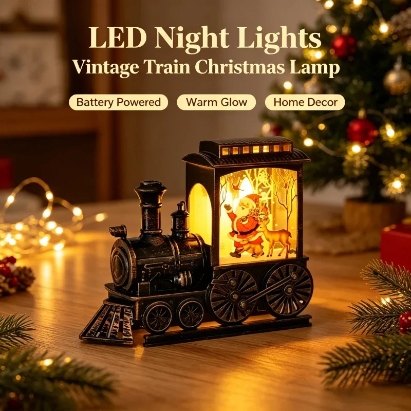 Vintage Portable Train LED Night Lamp, Battery Powered Hanging Lantern Outdoor Light for Christmas Festive Party Home Yard Decor