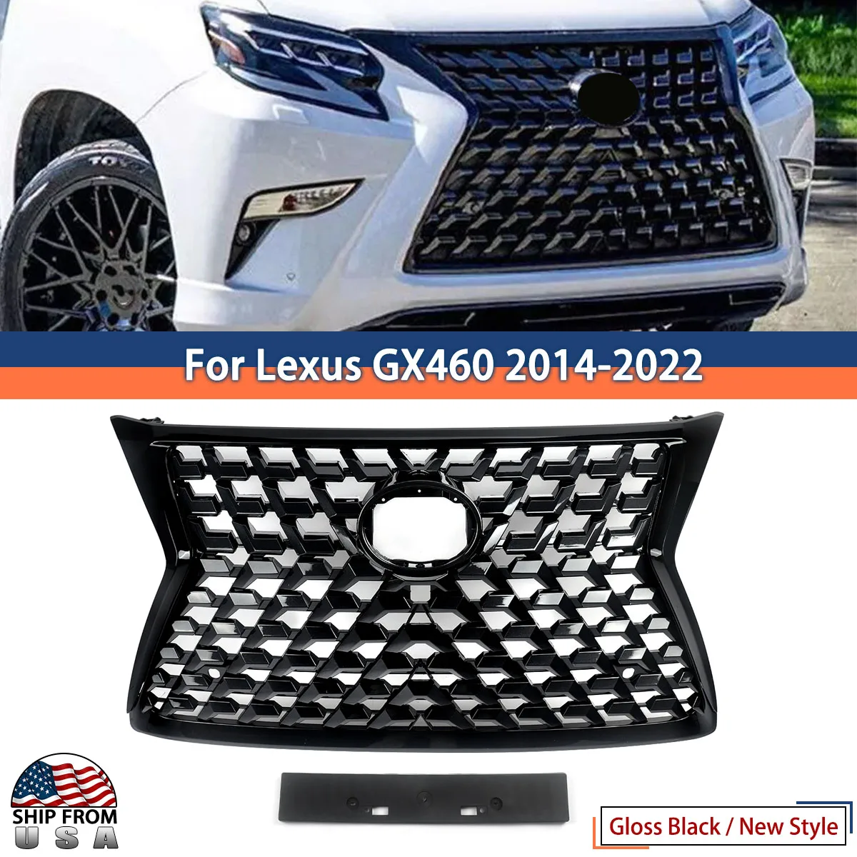 جديد 2020 مظهر المصد الأمامي مصبغة أسود لامع متوافق مع 2014-2023 لكزس GX460 غطاء المحرك الأمامي شبكة شبكة سباق الشوايات Magickit