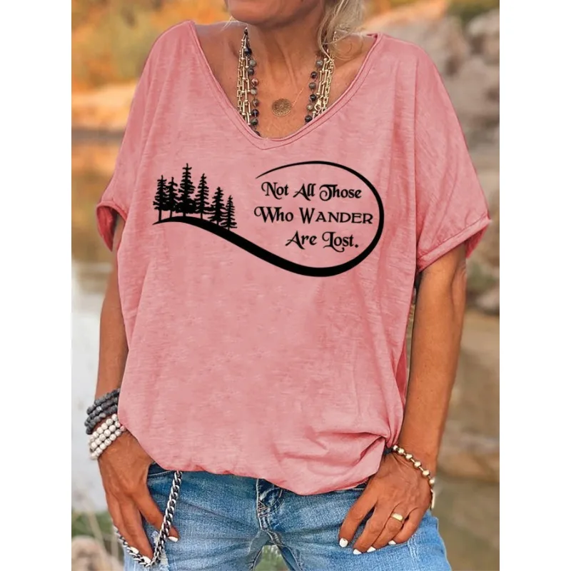 ilstile Women's Hiking Forest Letter Print T-Shirts  Summer Short Sleeve Casual Loose V Neck Tops Green White Tees