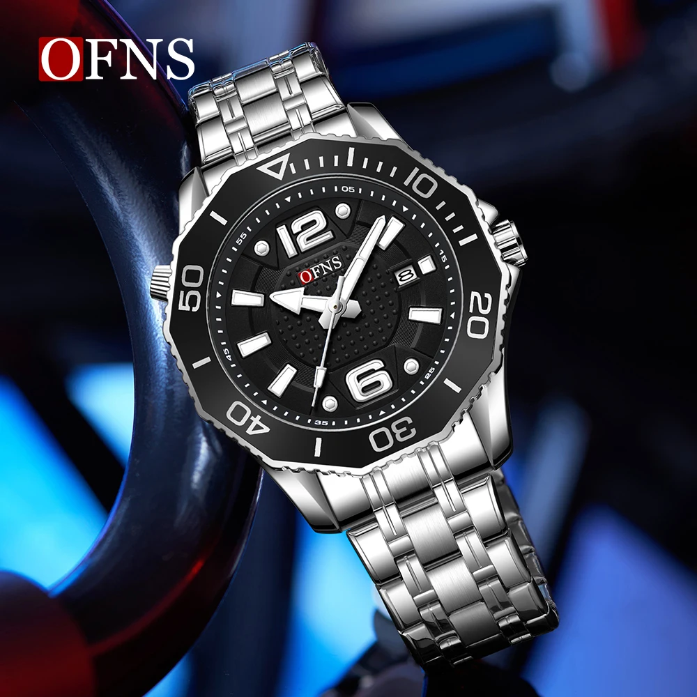 OFNS 1625 Casual Men's Quartz Wristwatch Calendar Luminous Waterproof Steel Strap Fashion Sports Watches for Man