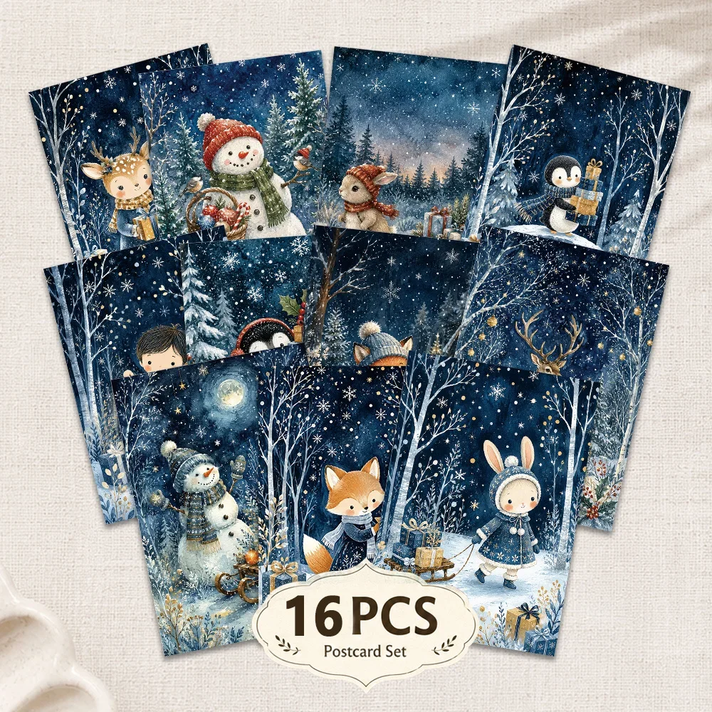 16pcs, Christmas Postcard, Navy Night Sky Forest Animals, Bullet Journal Greeting Card, Bedroom Wall Decor, Collectible