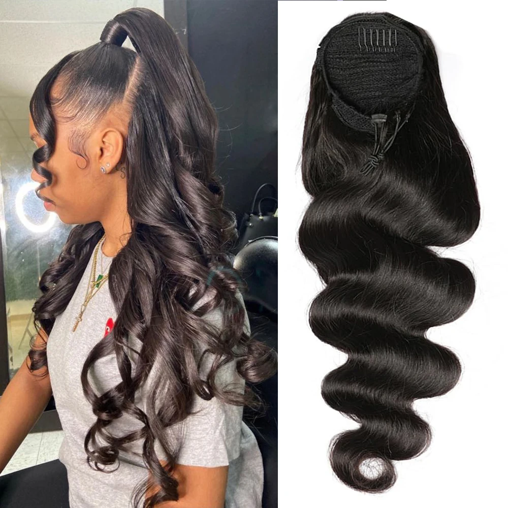 Body Wave Ponytail Extension Drawstring Ponytail 100% Real Human Hair For Black Women Curly Wavy Pony Tails Extensions 30 Inches