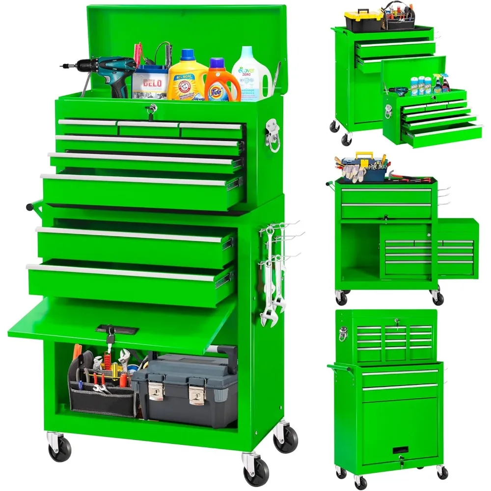 

Tool Chest, 8-Drawers Rolling Chest with Wheels, Detachable Green Metal Cabinet with Lock Top Tool Box, Garage