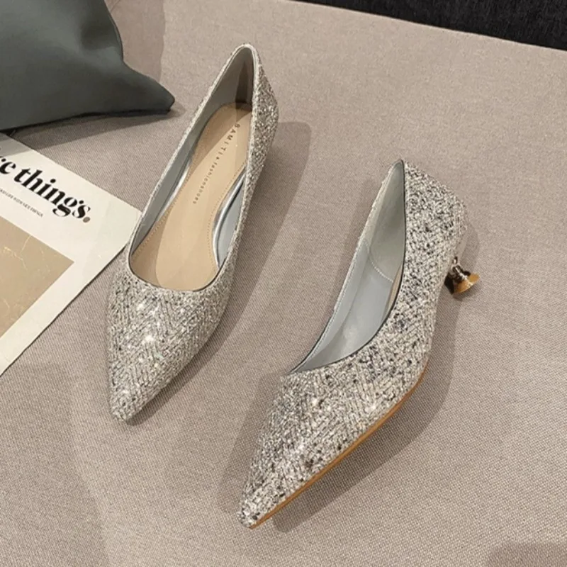 Gold High Heels Women Fashion Design Temperament Pointed Single Shoes Women's New Elegant Mid Heel Shoes Shiny Women's Shoes