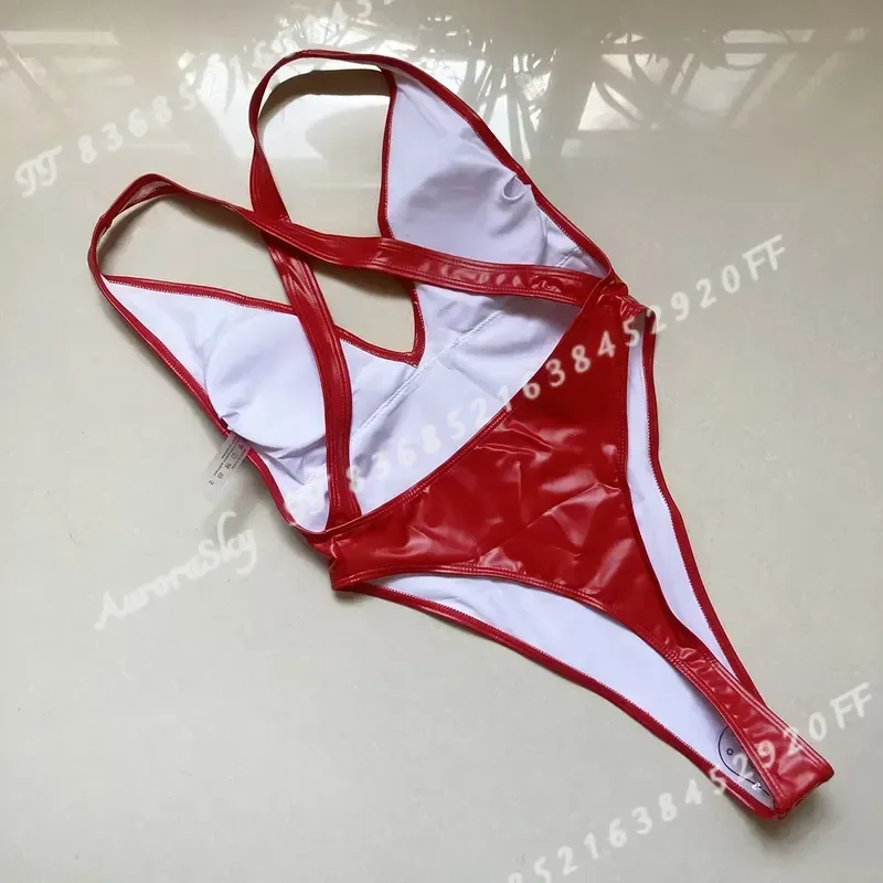 Sexy PU Leather Thong One Piece Swimsuit Women Push Up High Waisted Bathing Suit High Cut Out Monokini Beach Wear Bather
