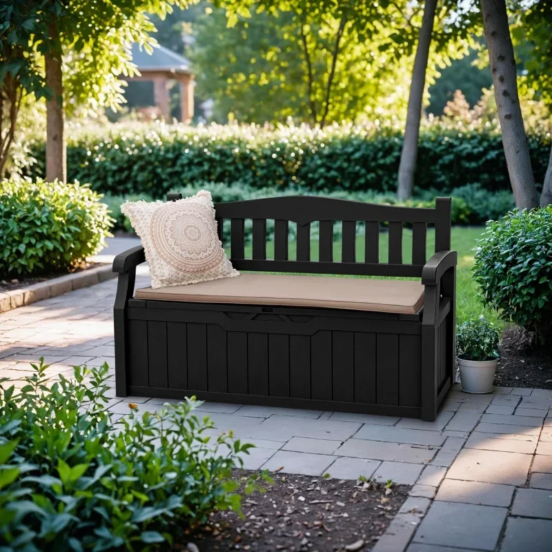 80 Gallon Storage Bench Deck Box Lockable Patio Furniture,  and Seating Cushions, Garden Pool Supplies. (Black