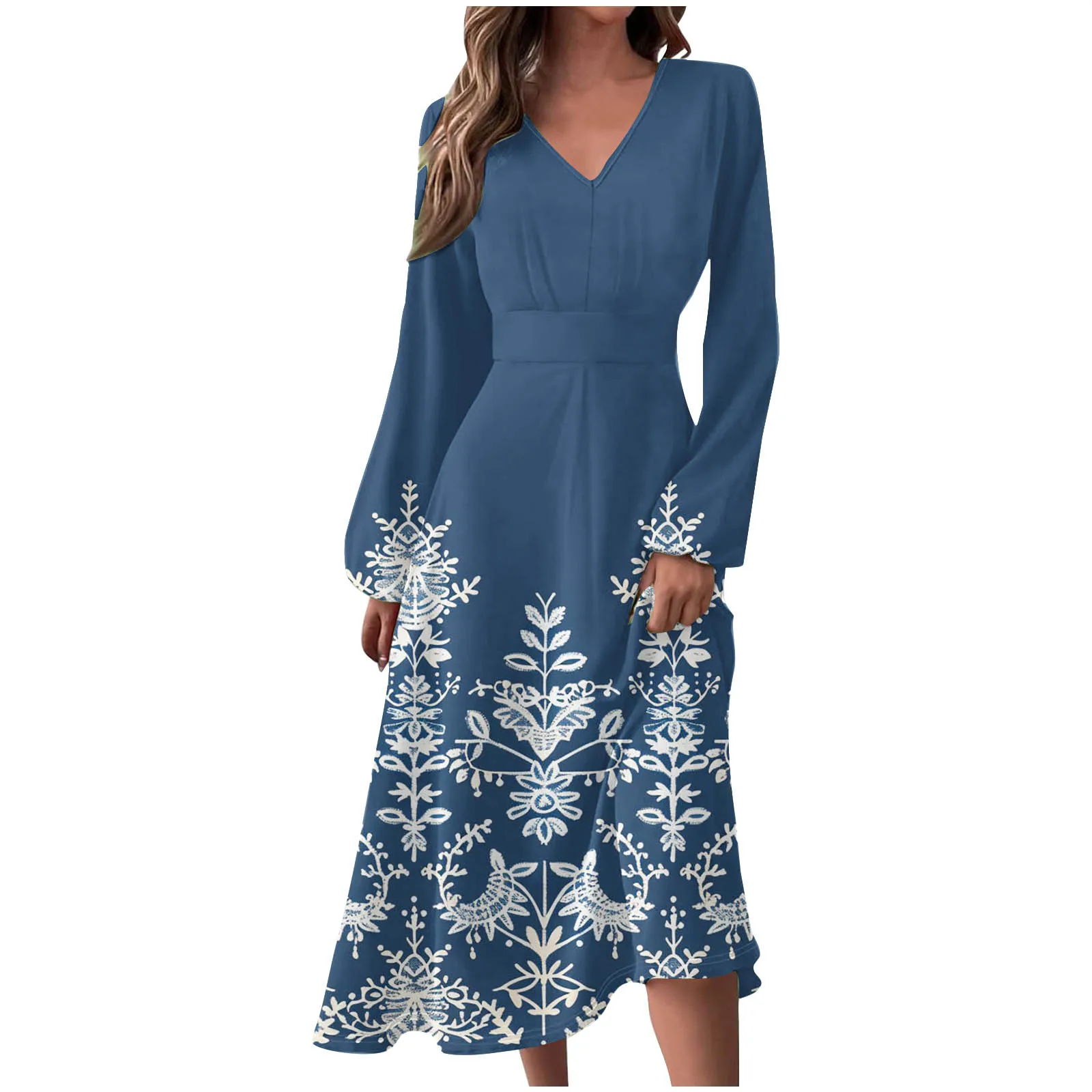 2024 Autumn V-neck retro countryside style long sleeved dress fashionable women's slim fit lotus leaf print waist cinching dress