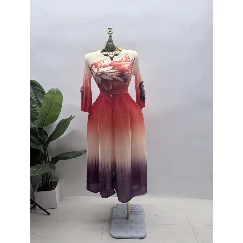 Plus Size Women's Autumn Winter Floral New Collection Fashionable Long Sleeve Printed Pleated Casual Maxi Dresses Birthday Gown