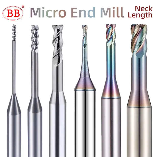 BB Frez mikrokoncowy z długą szyjką 0,1 mm ~ 3 mm do elektrody miedzianej ze stopu aluminium Plastikowa niemetalowa obróbka CNC Frez pełnowęglikowy