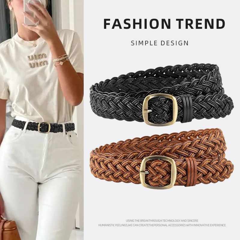 Women Vintage Braided Belt Handmade Woven Leather Pulp Strap Alloy Buckle for Jeans Dress Daily Wear Retro Classic Style