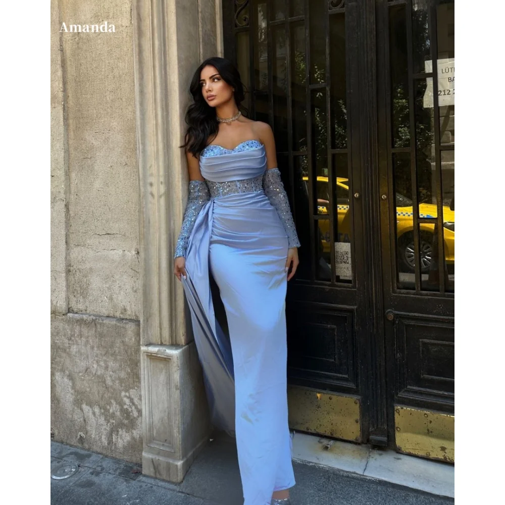

Amanda Customized Blue Sleeves Beading Emulation Silk robes de soirée Strapless Party Dresses Side Slit Ankle-Length Prom Dress