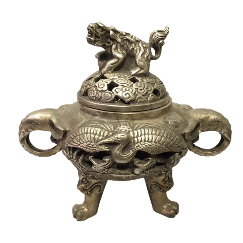 

White Copper Crane Foo Dog Lion double ear Elephant Censer incense burner/Holder Cupronickel Sandalwood Censer Incense Incensory