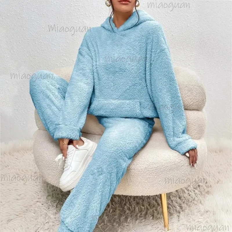 Stylish Women's Fuzzy Fleece Pajamas 2 Piece Set Winter Warm Plush Pullover Hoodies Pants Lounge Set Fluffy Comfort Sleepwear