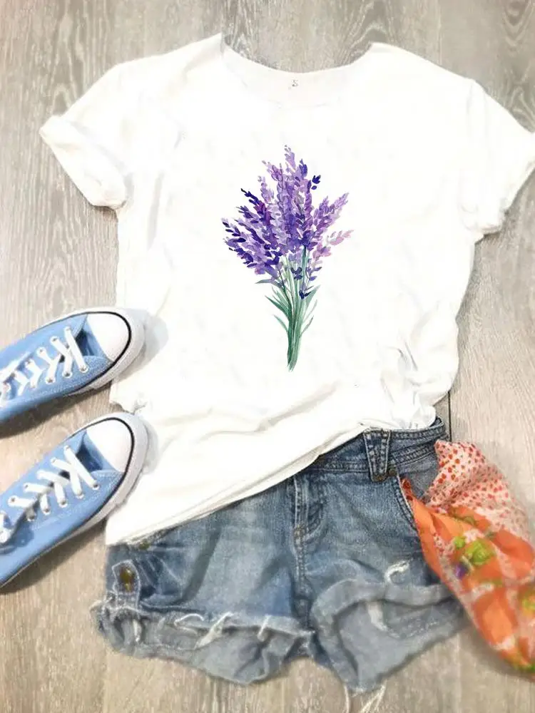 

Women Spring Watercolor Flower Lovely Fashion Summer Female Tee Shirt Lady Short Sleeve Print Clothes Graphic T-shirt