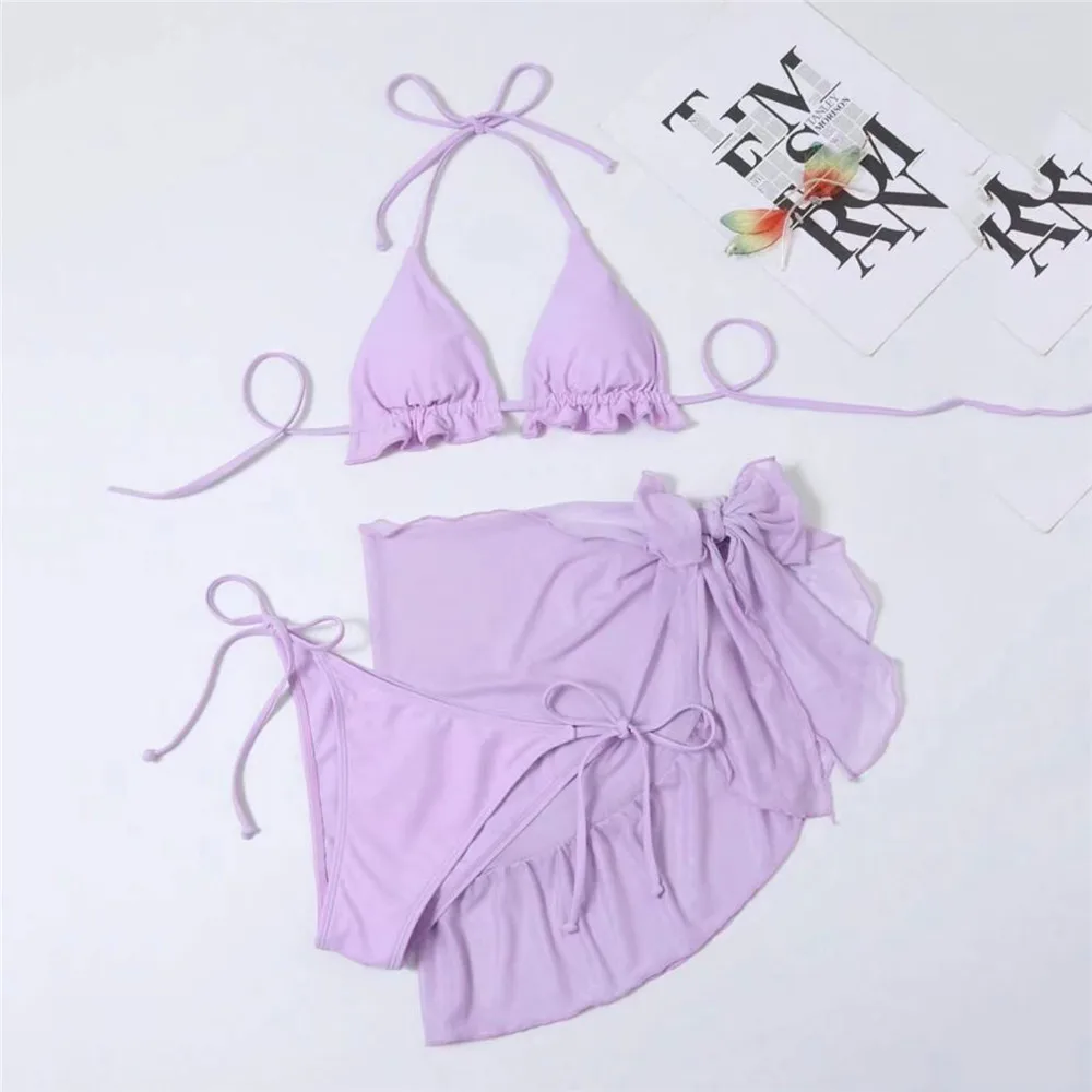 

Purple Triangle Halter String Bikinis Sets 3 Pieces Micro Thong Sexy Swimsuits Cover Ups Women 2025 Beachwear Holiday Swimwears