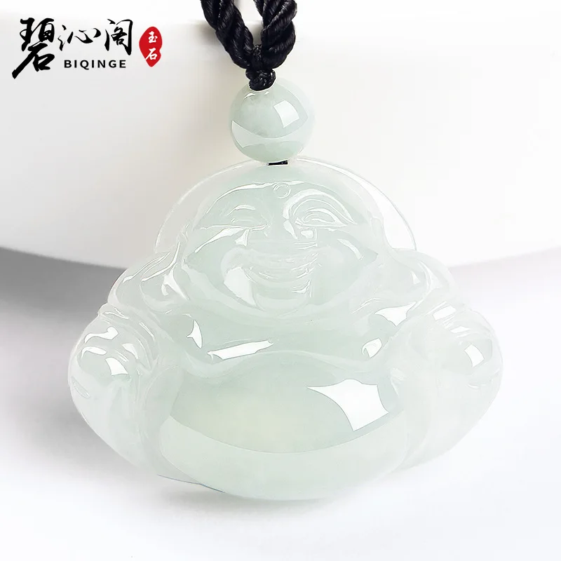 Natural Full Green Ice-like Jadeite Jade Buddha Pendant 18K Gold Inlaid