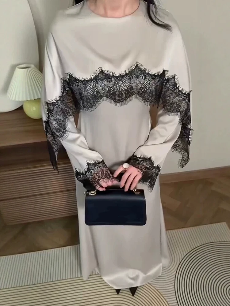 

Модное элегантное длинное платье с цветовыми блоками 2026, сексуальное облегающее вечернее платье с кружевными вставками, женское элегантное платье с круглым вырезом и длинными рукавами