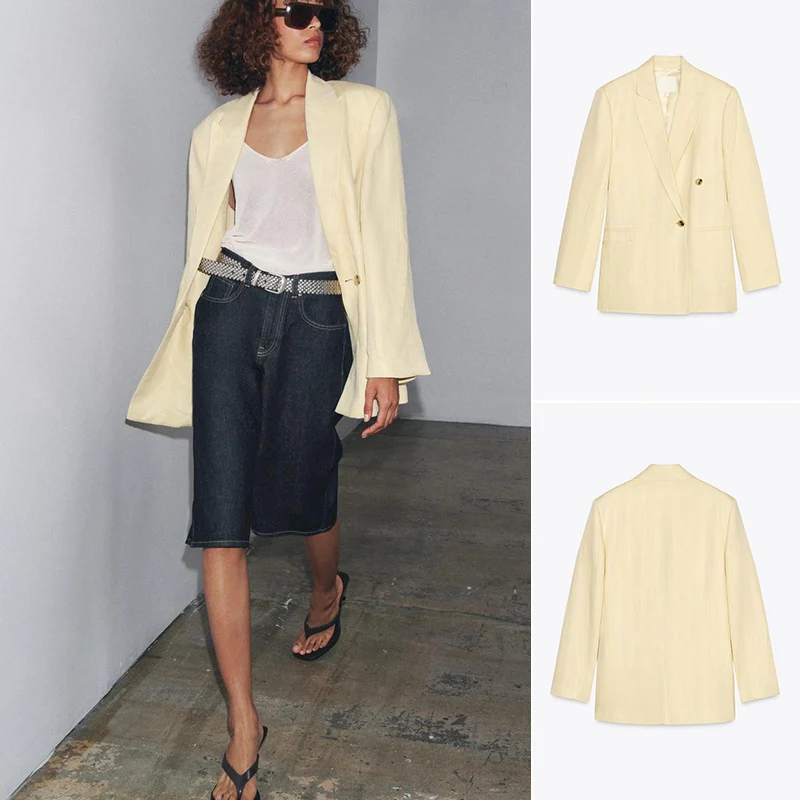 

Новый летний женский длинный воротник све, двойной передний простой льняной текстурированный костюм Jaet, прямой крой, повседневный костюм для поездок на работу, S...