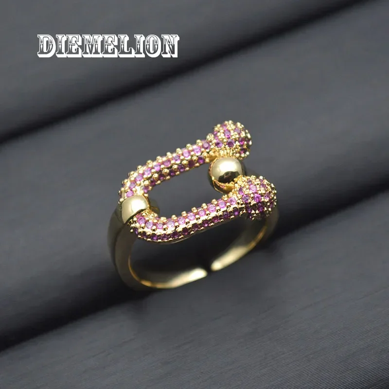 تصميم جديد 18K مطلية بالذهب على شكل حرف U حدوة الحصان قوس قزح مكعب زركونيا قابل للتعديل خواتم للمرأة الفتيات مجوهرات الأزياء الكورية