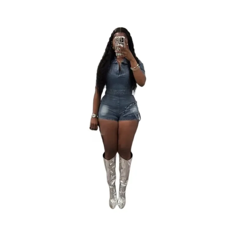 Denim Jumpsuits Women Vintage Rompers Overalls Stretch Washed Turn Down Collar Sexy Jeans Short Pants One Piece Shorts 2025 - view 4